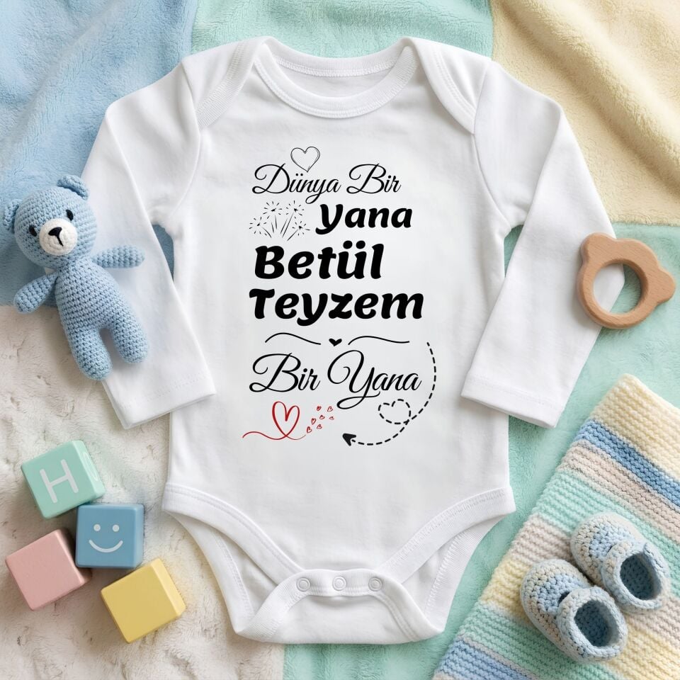 Kişiye Özel İsimli Bebek Zıbını – ''Dünya Bir Yana Halam / Teyzem Bir Yana'' Baskılı Pamuklu Bebek Zıbın
