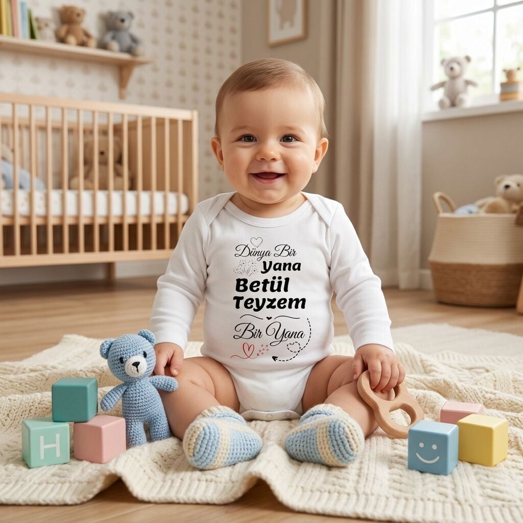 Kişiye Özel İsimli Bebek Zıbını – ''Dünya Bir Yana Halam / Teyzem Bir Yana'' Baskılı Pamuklu Bebek Zıbın