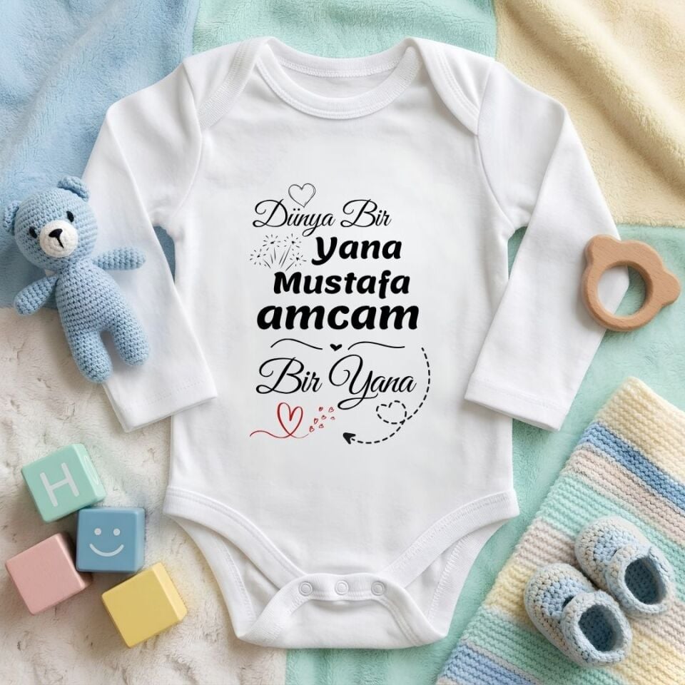 Kişiye Özel İsimli Bebek Zıbını – ''Dünya Bir Yana Amcam / Dayım Bir Yana'' Baskılı Pamuklu Bebek Zıbın