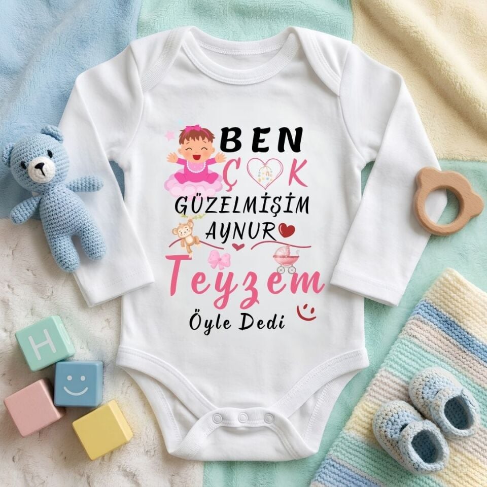 Kişiye Özel İsimli Bebek Zıbını – ''Ben Çok Güzelmişim Teyzem / Halam Öyle Dedi'' Pembe Temalı Pamuklu Bebek Zıbın