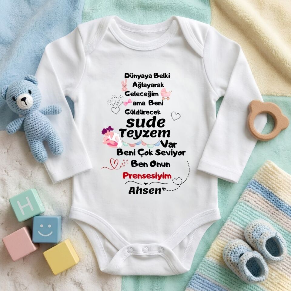 Kişiye Özel İsimli Bebek Zıbını – ''Beni Güldürecek Teyzem / Halam Var'' Baskılı Pamuklu Bebek Zıbın