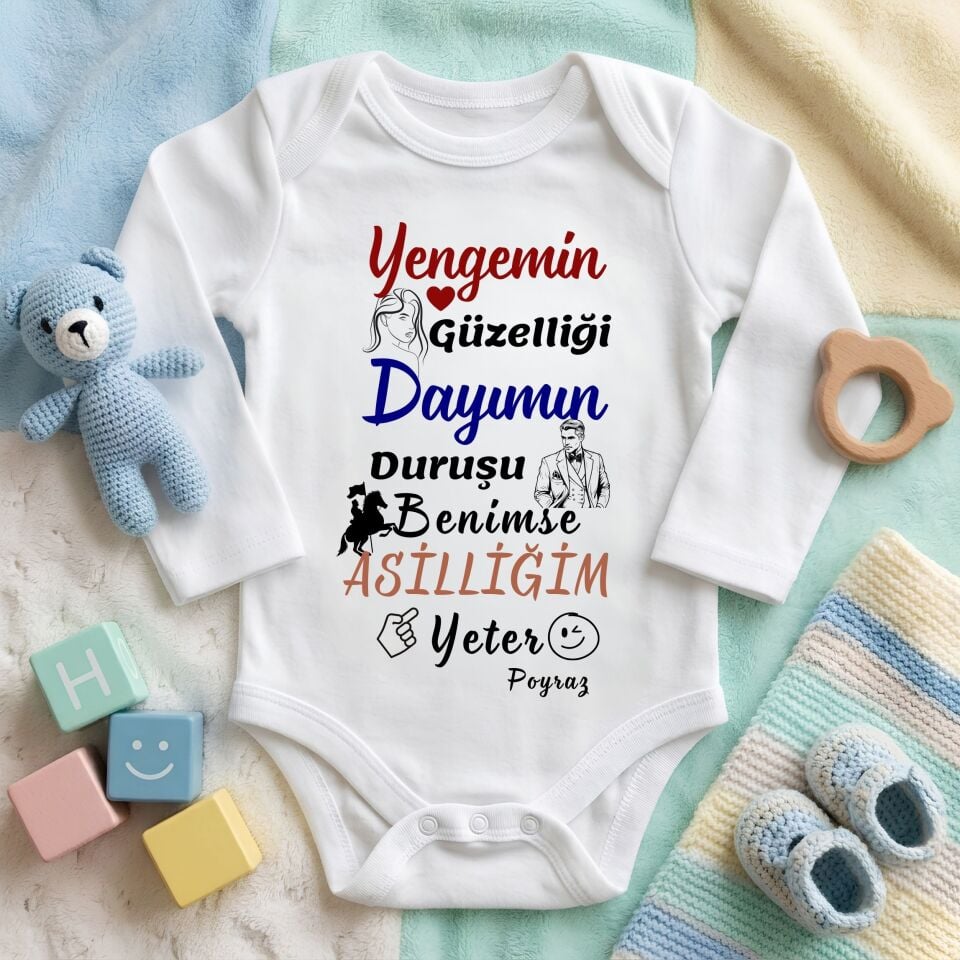 Kişiye Özel İsimli Bebek Zıbını – ''Yengemin Güzelliği Dayımın Duruşu'' Tasarımlı Pamuklu Bebek Zıbın