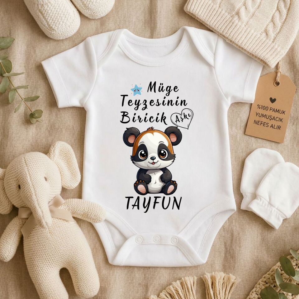 Kişiye Özel İsimli Bebek Zıbını – Teyzesinin & Halasının Biricik Aşkı Panda Tasarımlı Pamuklu Bebek Zıbın