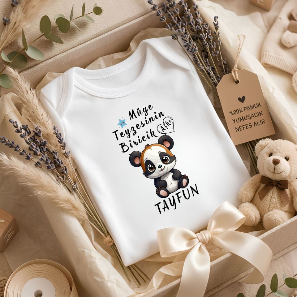 Kişiye Özel İsimli Bebek Zıbını – Teyzesinin & Halasının Biricik Aşkı Panda Tasarımlı Pamuklu Bebek Zıbın