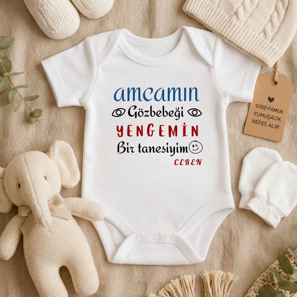 Kişiye Özel İsimli Bebek Zıbını – ''Amcamın Gözbebeği Yengemin Bir Tanesi'' Tasarımlı Pamuklu Bebek Zıbını