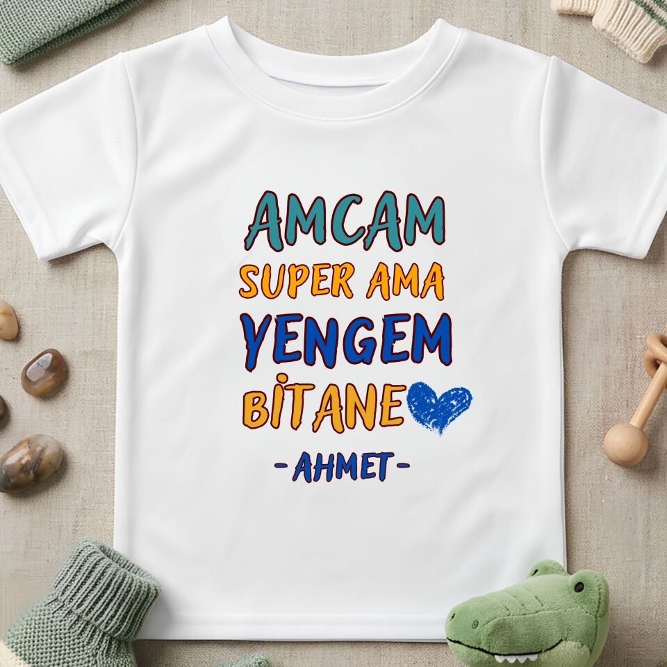 Kişiye Özel İsim Baskılı ''Amcam Süper Ama Yengem Bitane'' Çocuk Tişörtü – Esprili Konsept Üst Giyim