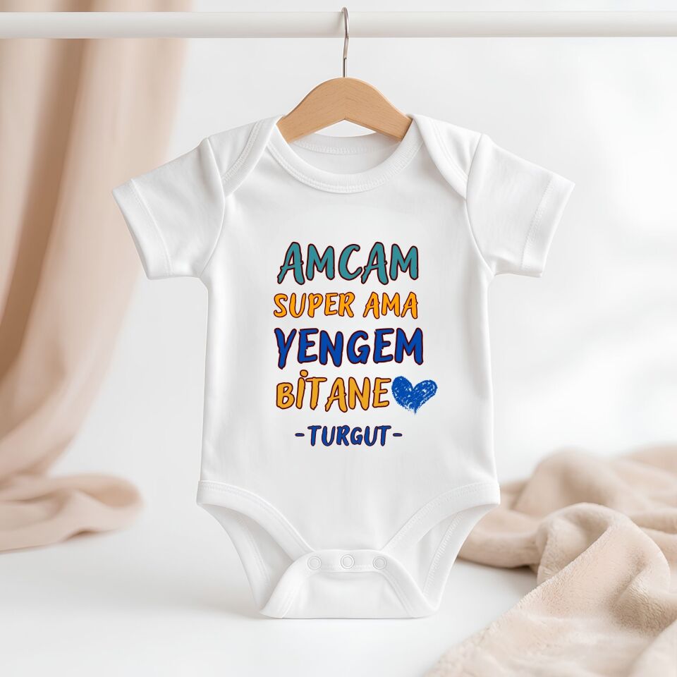 Kişiye Özel İsim Baskılı ''Amcam Süper Ama Yengem Bitane'' Bebek Zıbını – Eğlenceli Konsept Body
