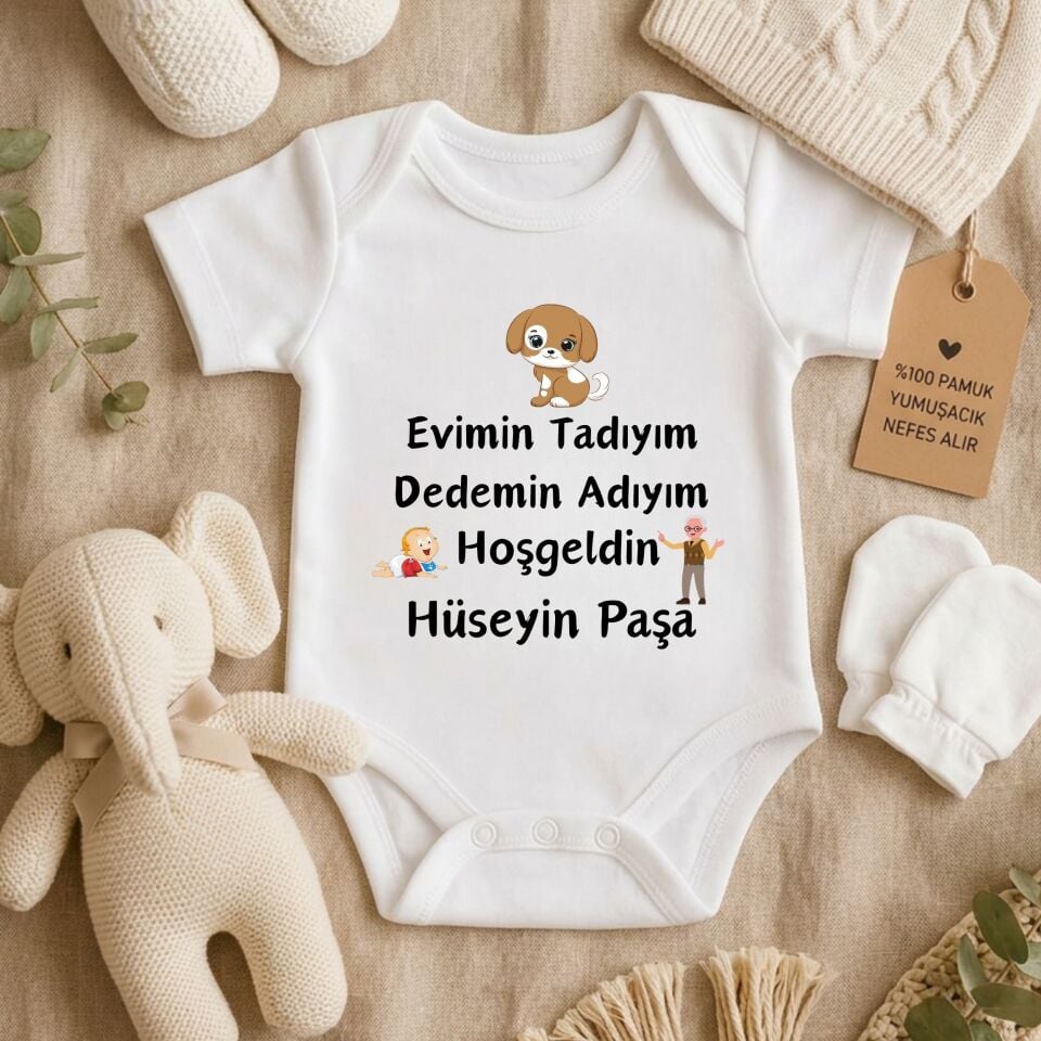Kişiye Özel İsim ve Aile Büyükleri Baskılı Bebek Zıbını – Sevimli Tasarımlı Konsept Body