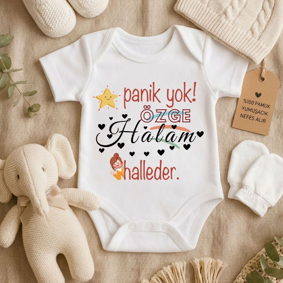 Kişiye Özel İsimli Bebek Zıbını – ''Panik Yok! Teyzem / Halam Halleder'' Esprili ve Desenli Pamuklu Bebek Zıbını
