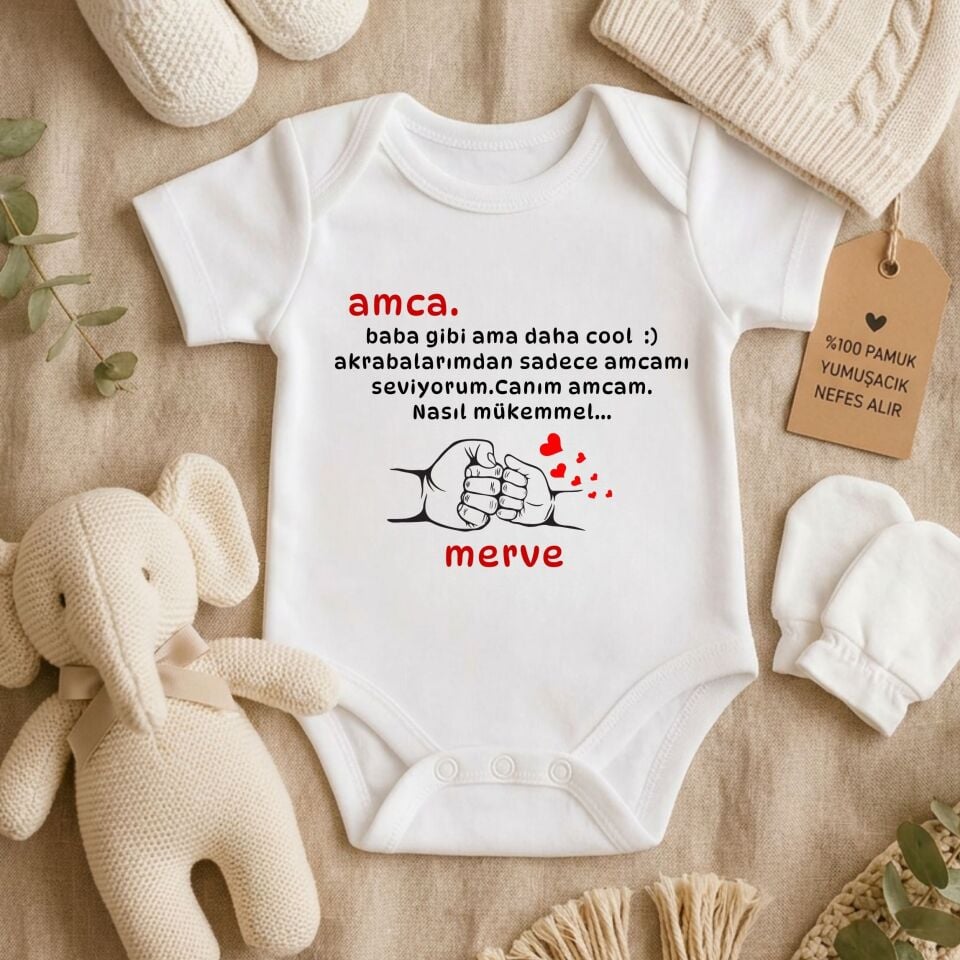 Kişiye Özel İsimli Bebek Zıbını – ''Amca Baba Gibi Ama Daha Cool'' Esprili ve Yumruk Tokuşturan Çizimli Bebek Zıbını