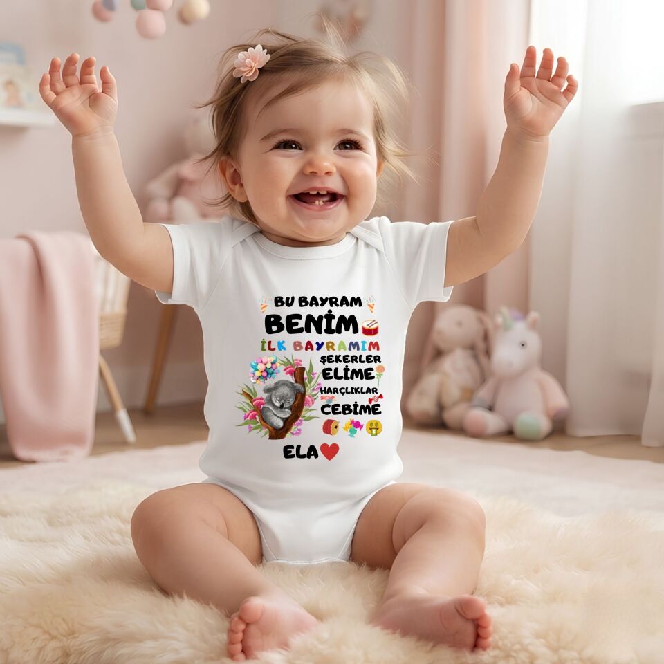Kişiye Özel İsimli Bebek Zıbını – ''Bu Bayram Benim İlk Bayramım'' Koalalı ve Şeker Baskılı Bayramlık Zıbın