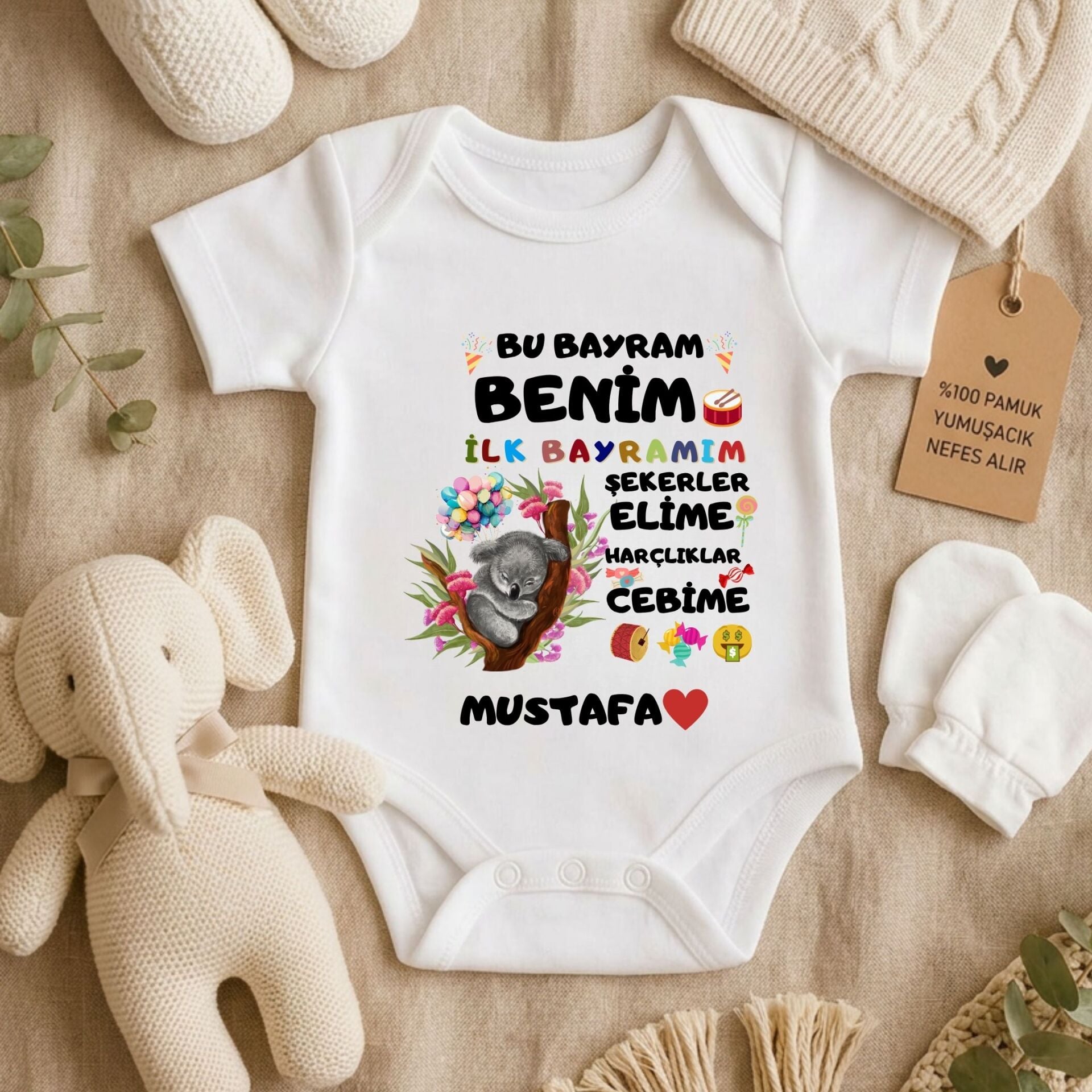 Kişiye Özel İsimli Bebek Zıbını – ''Bu Bayram Benim İlk Bayramım'' Koalalı ve Şeker Baskılı Bayramlık Zıbın