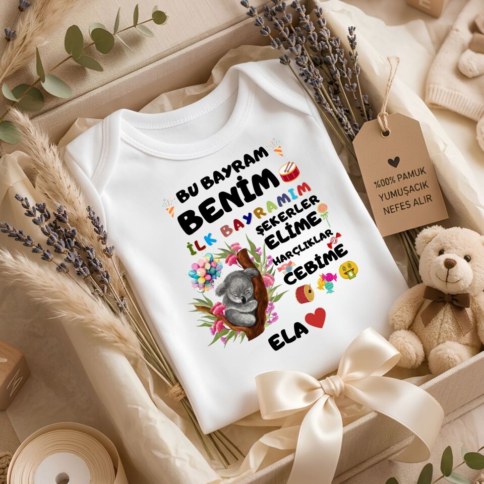 Kişiye Özel İsimli Bebek Zıbını – ''Bu Bayram Benim İlk Bayramım'' Koalalı ve Şeker Baskılı Bayramlık Zıbın