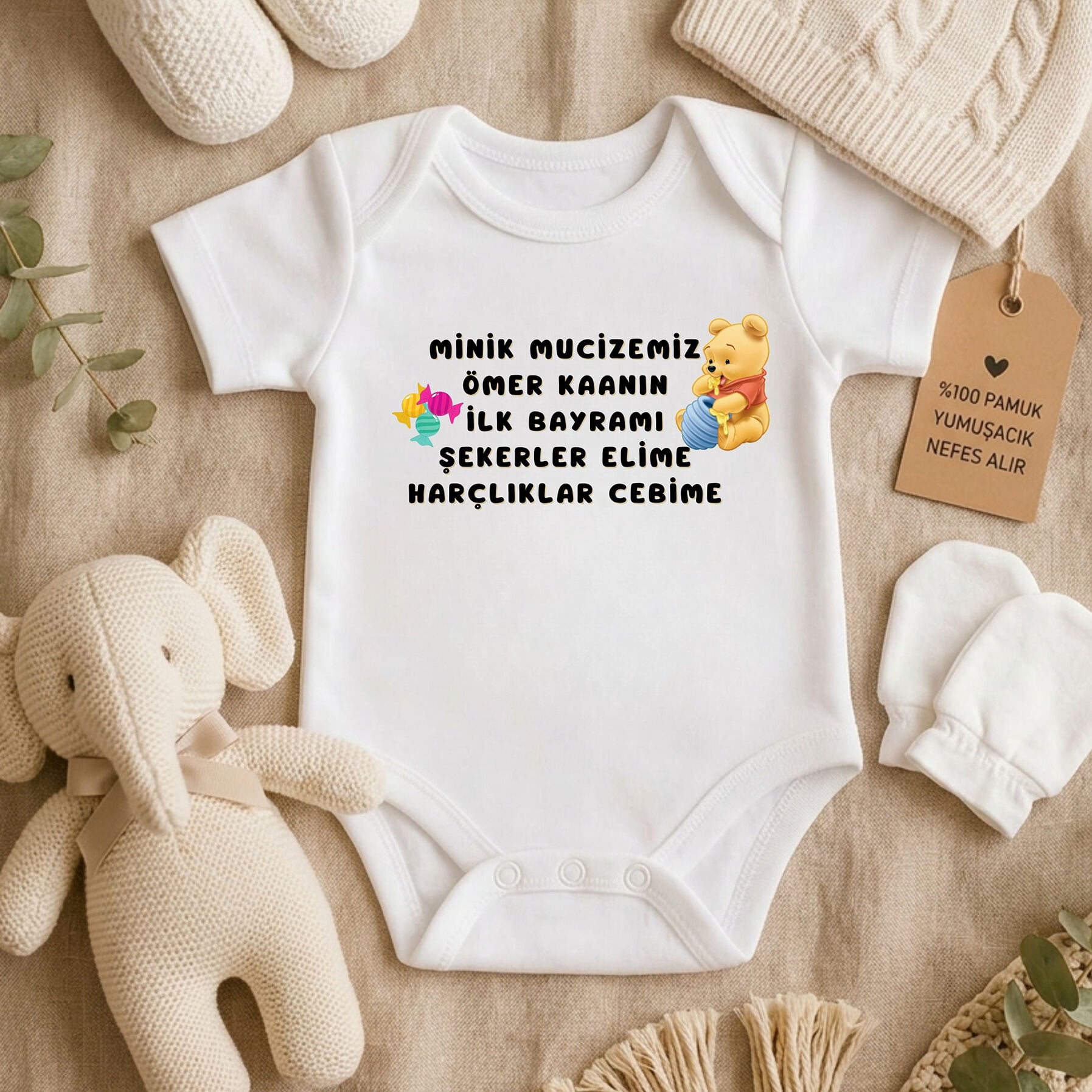 Kişiye Özel İsimli İlk Bayramım Bebek Zıbını - Şekerler Elime Harçlıklar Cebime %100 Pamuk