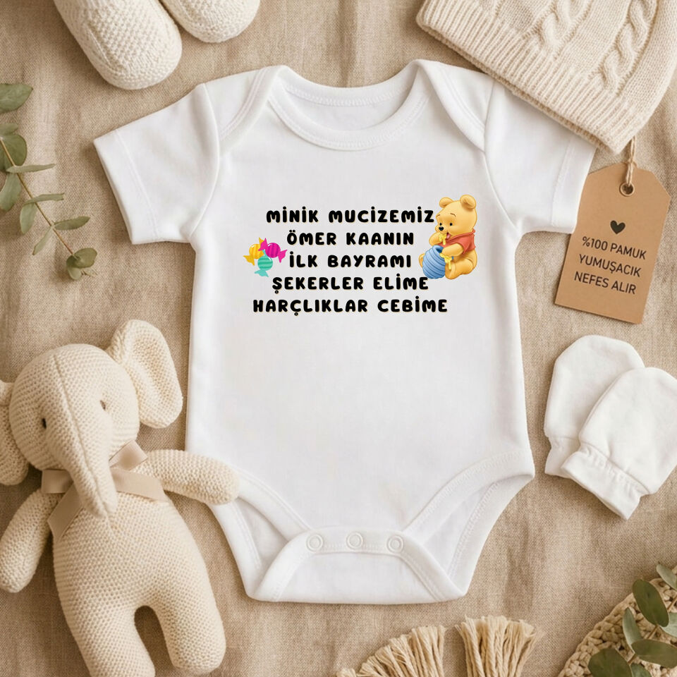 Kişiye Özel İsimli İlk Bayramım Bebek Zıbını - Şekerler Elime Harçlıklar Cebime %100 Pamuk