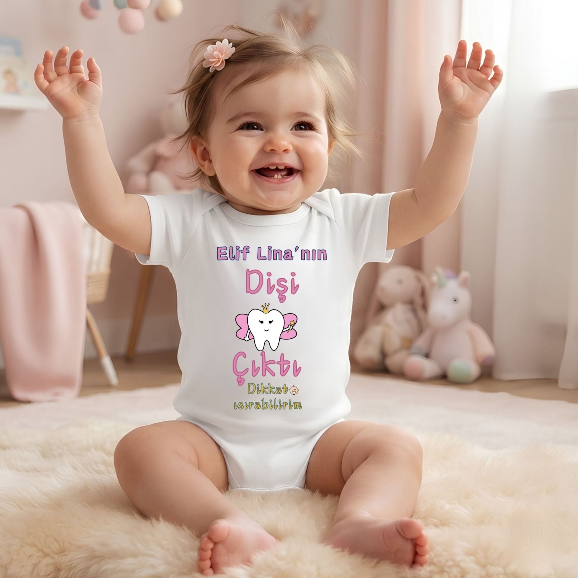 Kişiye Özel İsimli Dişi Çıktı Bebek Zıbın %100 Pamuk Diş Buğdayı Hediyesi Bebek Body