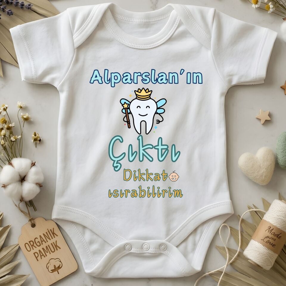 Kişiye Özel İsimli Dişi Çıktı Bebek Zıbın %100 Pamuk Diş Buğdayı Hediyesi Bebek Body