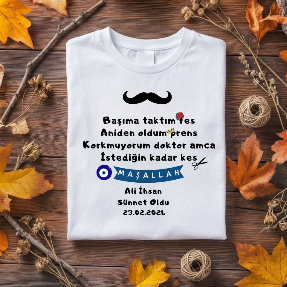 Başıma Taktım Fes İsme Özel Sünnet Tişörtü - Tarih ve İsim Yazılı Çocuk Tişörtü