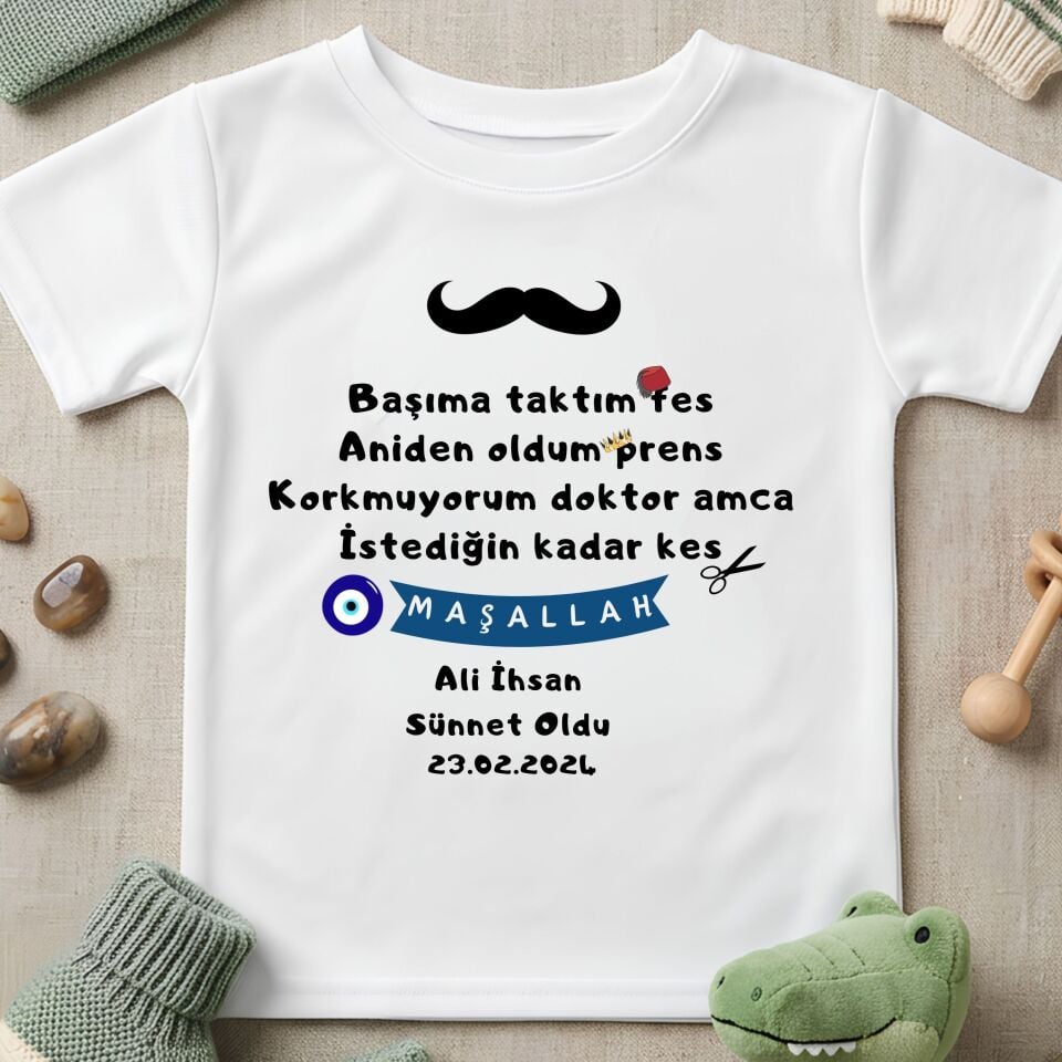 Başıma Taktım Fes İsme Özel Sünnet Tişörtü - Tarih ve İsim Yazılı Çocuk Tişörtü