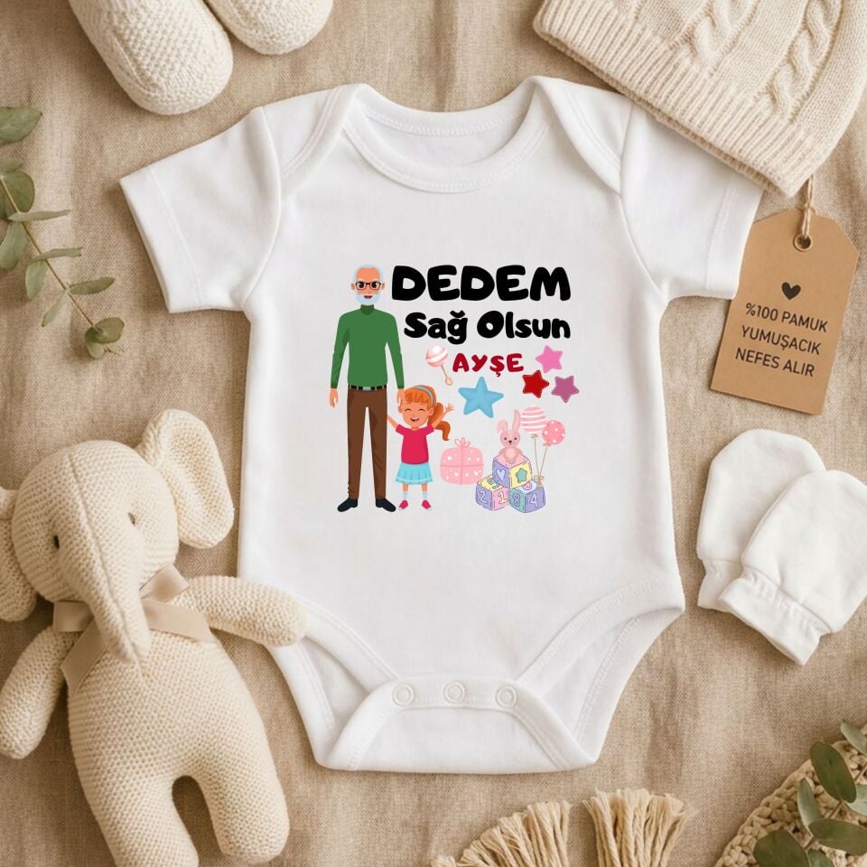 Dedem Sağ Olsun İsme Özel Bebek Zıbın- Kız ve Erkek Bebek Tasarımlı