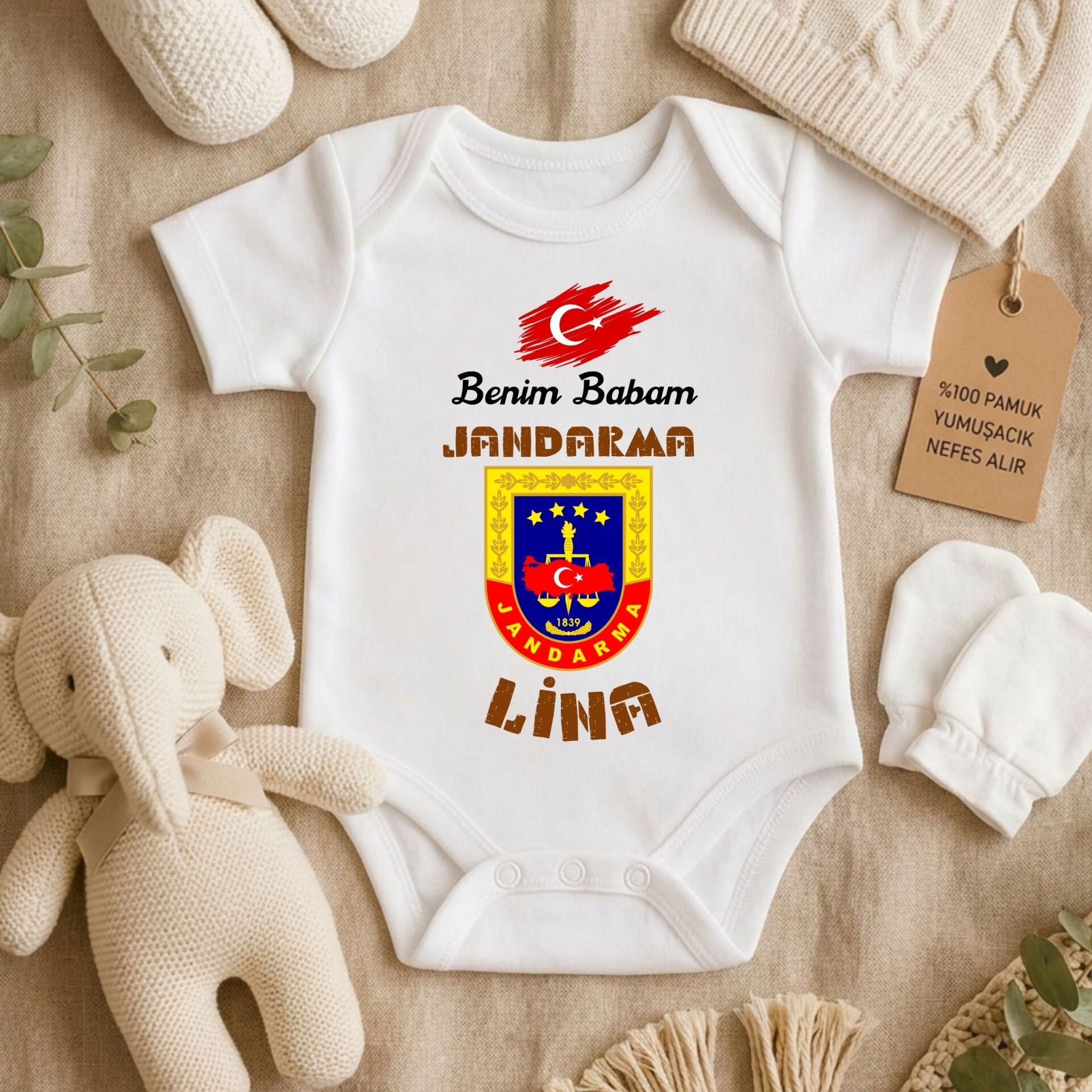 ''Benim Babam Jandarma'' Yazılı Kişiye Özel Bebek Zıbın - İsimli Bebek Body