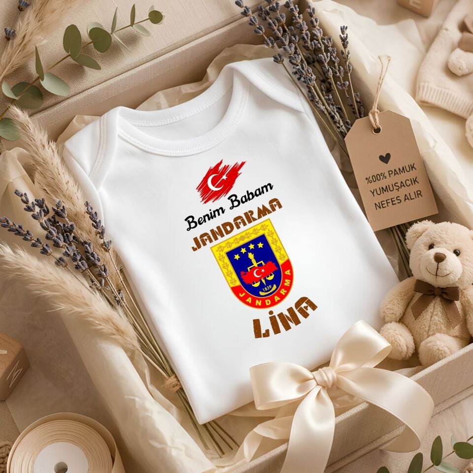 ''Benim Babam Jandarma'' Yazılı Kişiye Özel Bebek Zıbın - İsimli Bebek Body