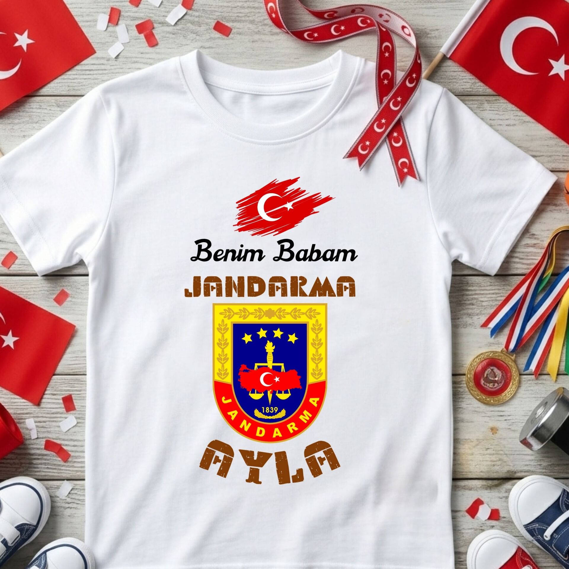 ''Benim Babam Jandarma'' Yazılı Kişiye Özel Çocuk Tişörtü - Jandarma Temalı İsimli Tişört