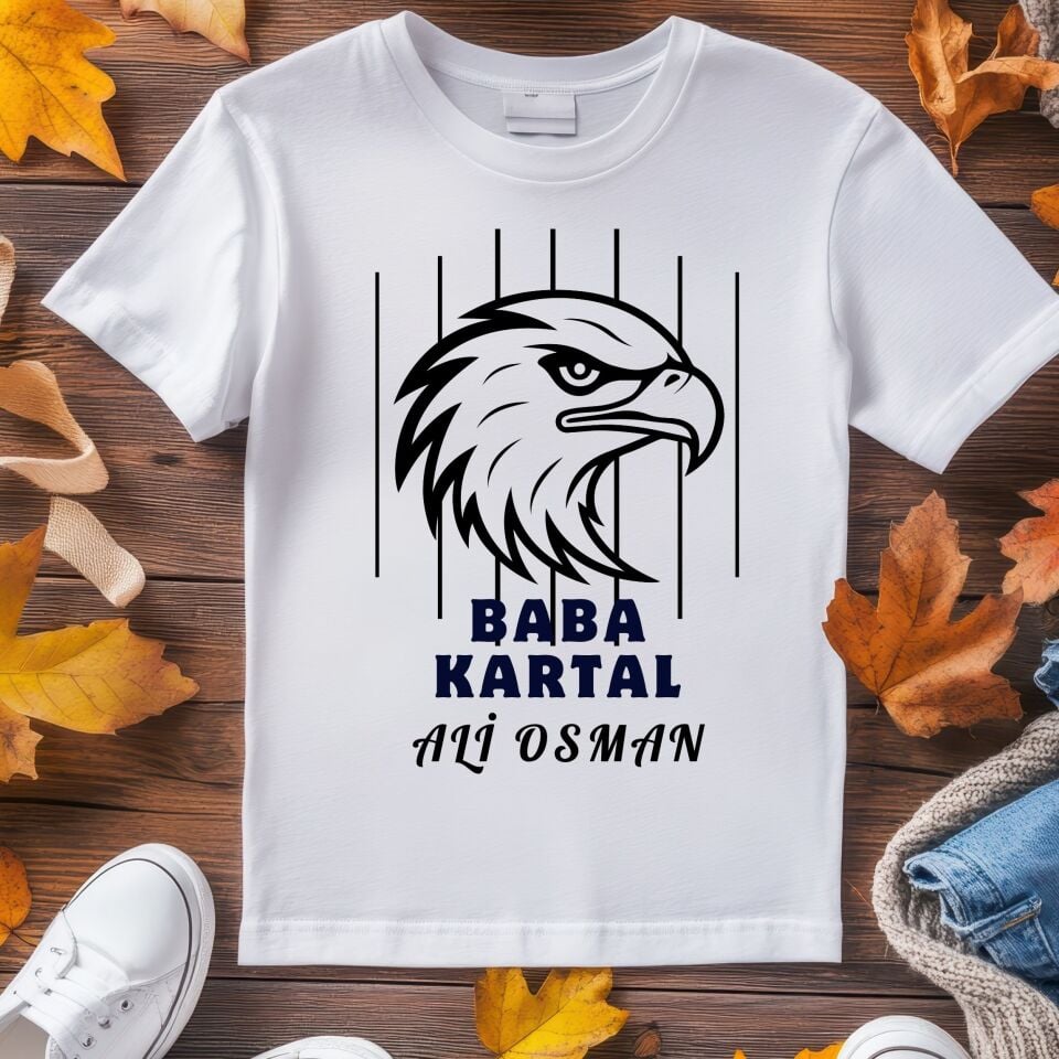 Kişiye özel Baba Oğul tişört ve bebek zıbın bi arada kombin - İsimli Siyah Beyaz Taraftar Baba Oğul Kartal %100 Pamuklu Set