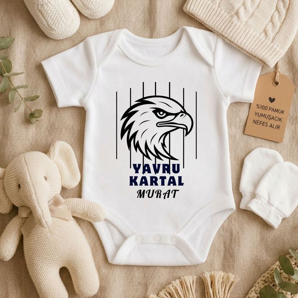 Kişiye özel Baba Oğul tişört ve bebek zıbın bi arada kombin - İsimli Siyah Beyaz Taraftar Baba Oğul Kartal %100 Pamuklu Set