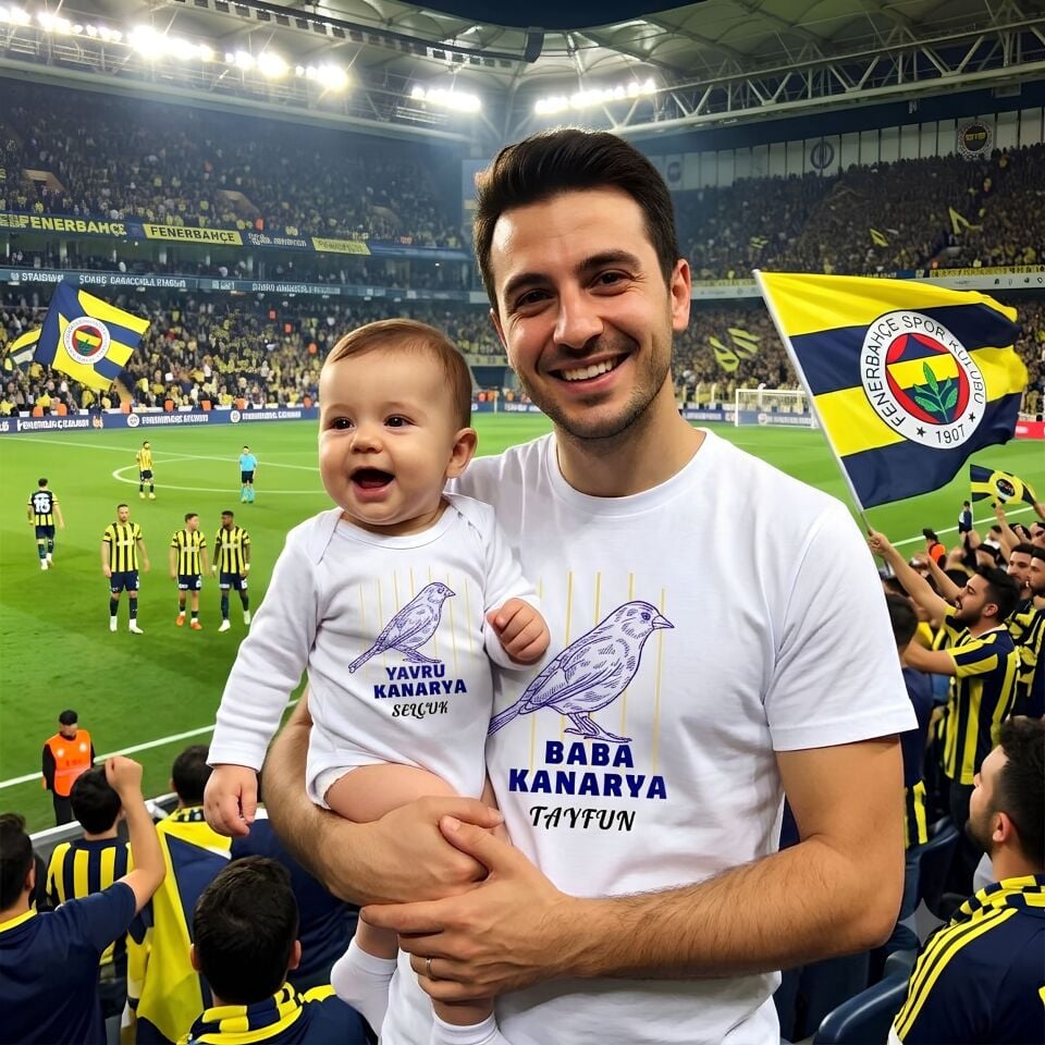 Kişiye özel Baba Oğul tişört ve bebek zıbın bi arada kombin - İsimli Taraftar Baba Yavru Kanarya %100 Pamuklu Takım