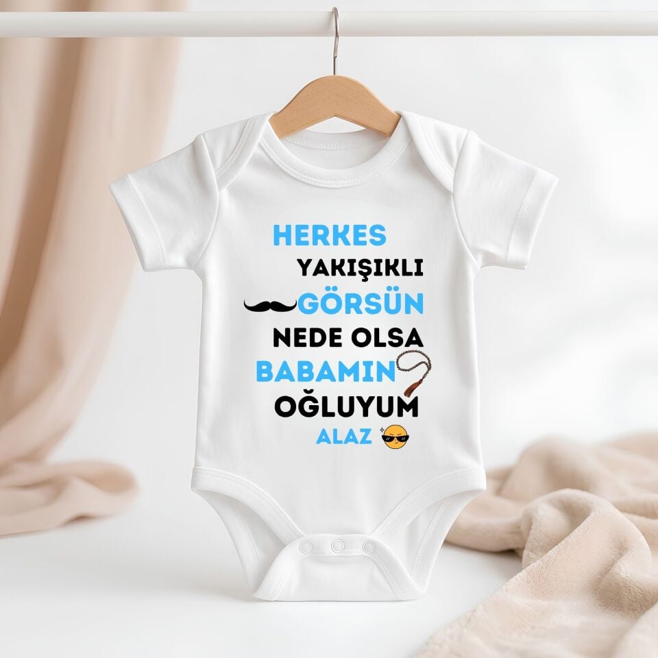 Kişiye Özel Bebek Zıbın - Erkek Bebek Esprili ''Babamın Oğluyum'' Tasarımlı %100 Pamuklu