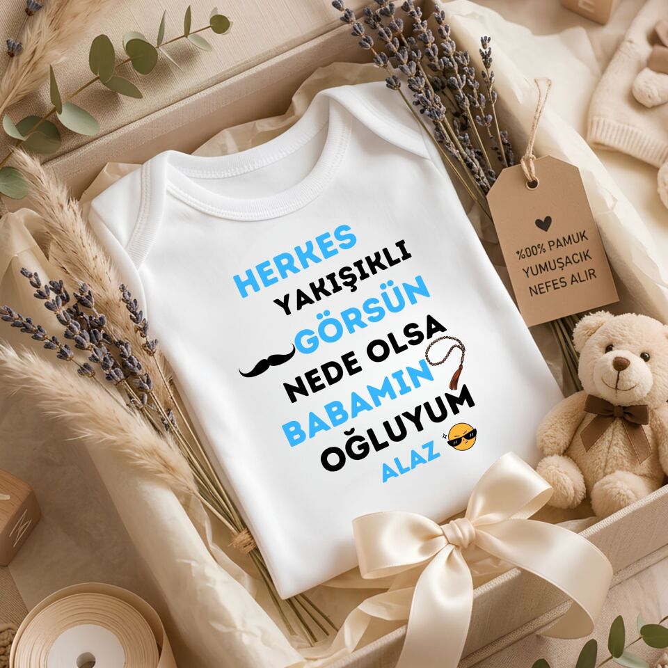 Kişiye Özel Bebek Zıbın - Erkek Bebek Esprili ''Babamın Oğluyum'' Tasarımlı %100 Pamuklu