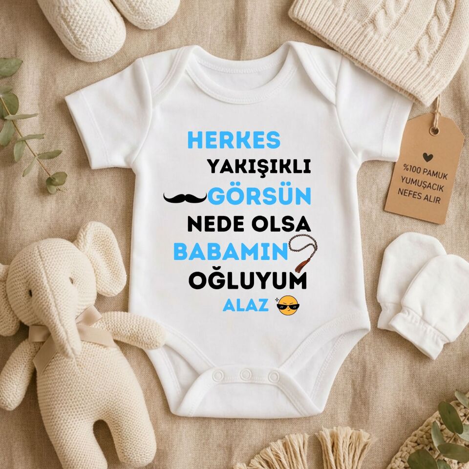 Kişiye Özel Bebek Zıbın - Erkek Bebek Esprili ''Babamın Oğluyum'' Tasarımlı %100 Pamuklu