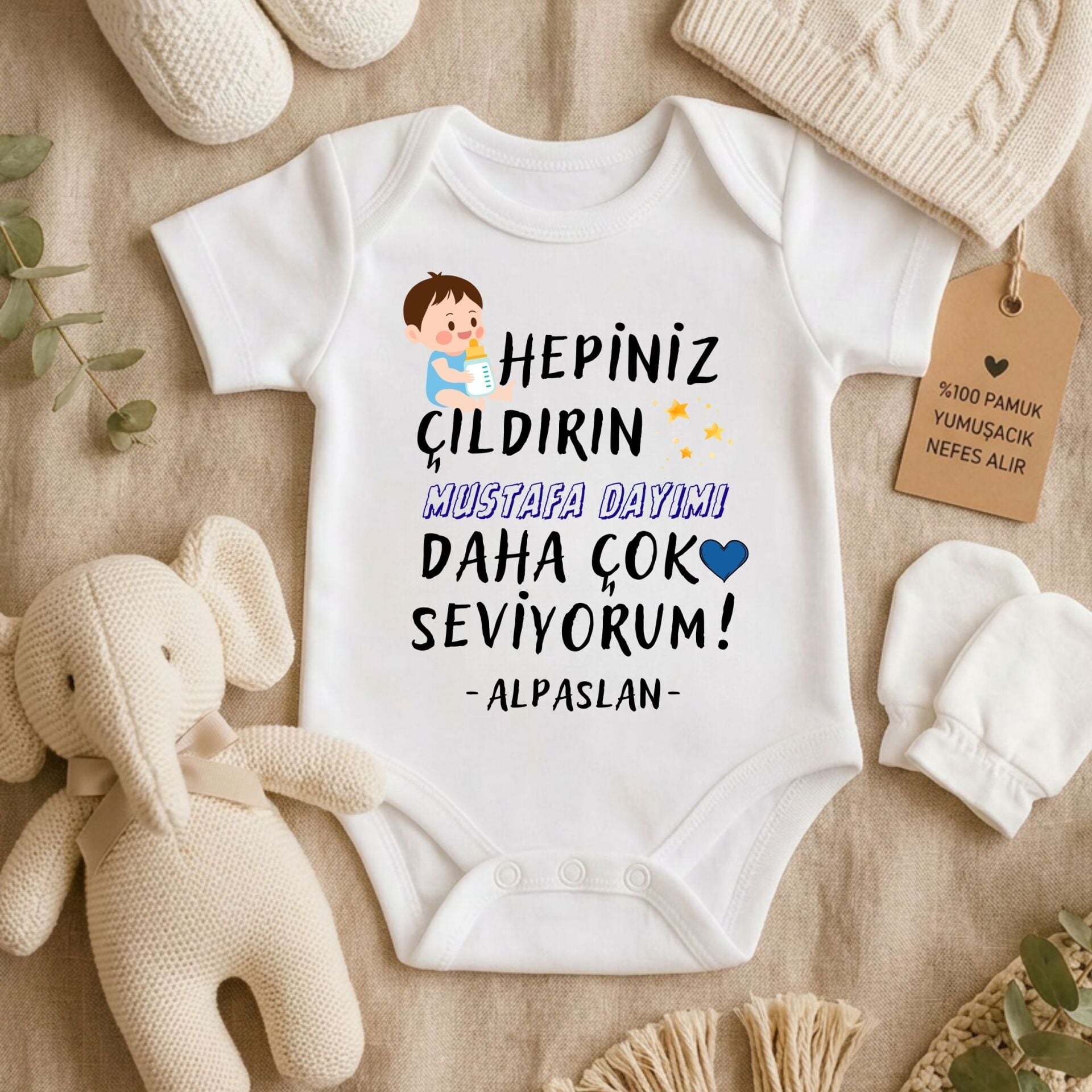 ''Hepiniz Çıldırın, Amcamı/Dayımı Daha Çok Seviyorum'' Tasarımlı Kişiye Özel Bebek Zıbını – İsim Yazılı Eğlenceli Yenidoğan Hediye Body
