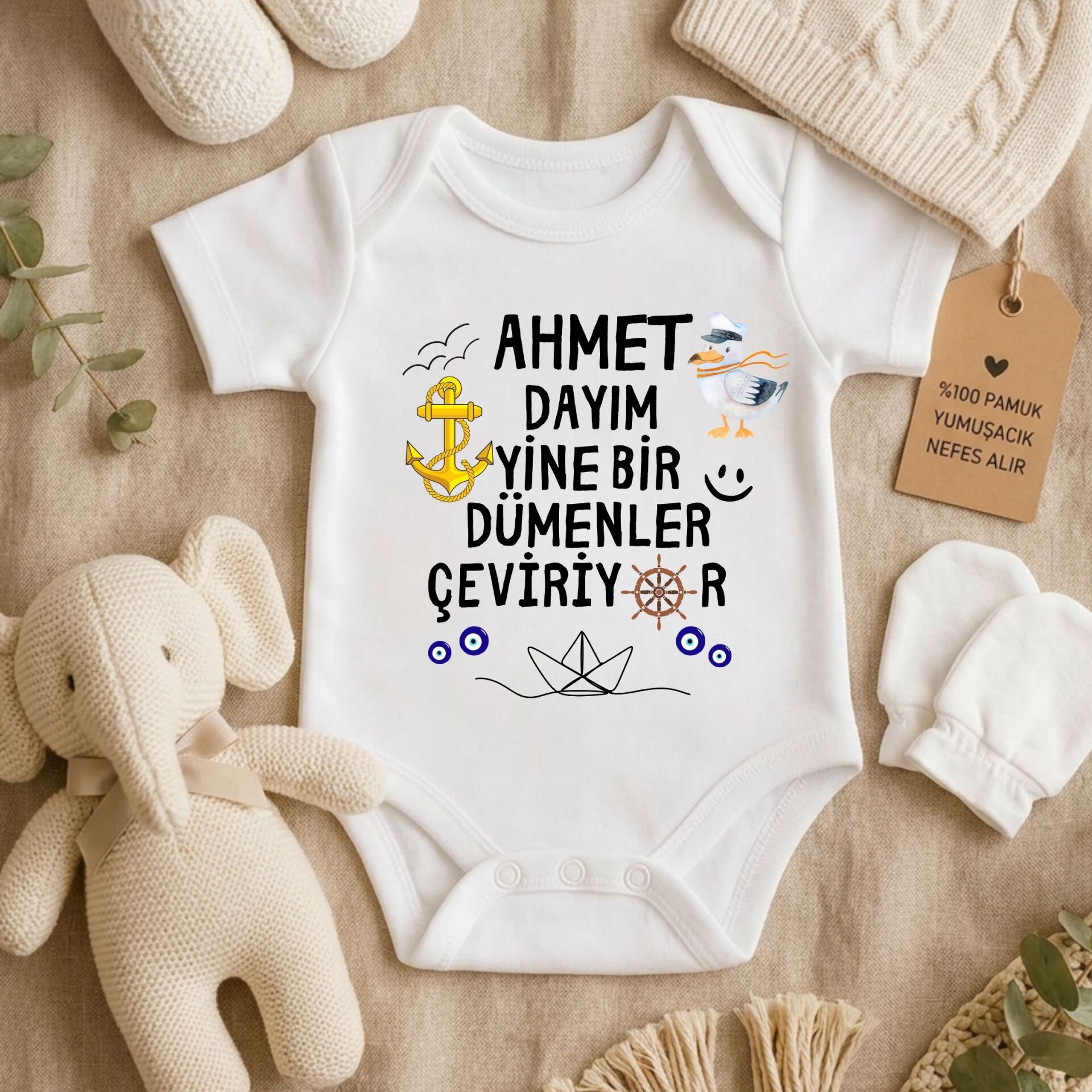 Kişiye Özel Bebek Zıbın - İsimli Esprili Amca Dayı Dümenler Çeviriyor %100 Pamuklu
