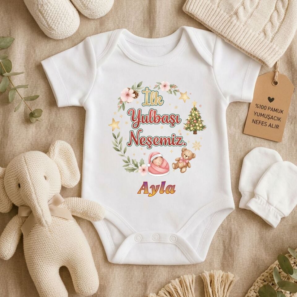 Kişiye özel bebek zıbın - İlk Yılbaşı Neşemiz İsimli Bebek Ayıcıklı Yılbaşı Temalı %100 Pamuklu Badi
