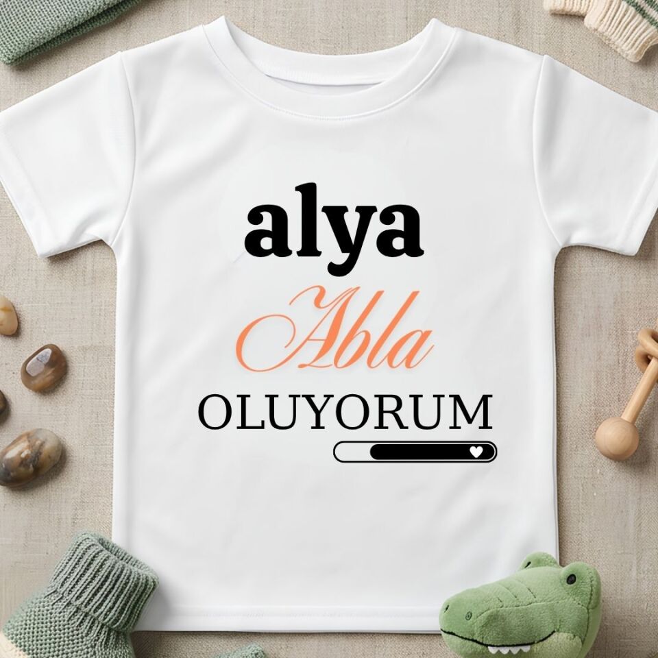 Kişiye Özel İsimli Çocuk Tişörtü – ''Abla Oluyorum'' Yükleme Çubuğu Tasarımlı Hamilelik / Kardeş Duyurusu Pamuklu Çocuk Tişört