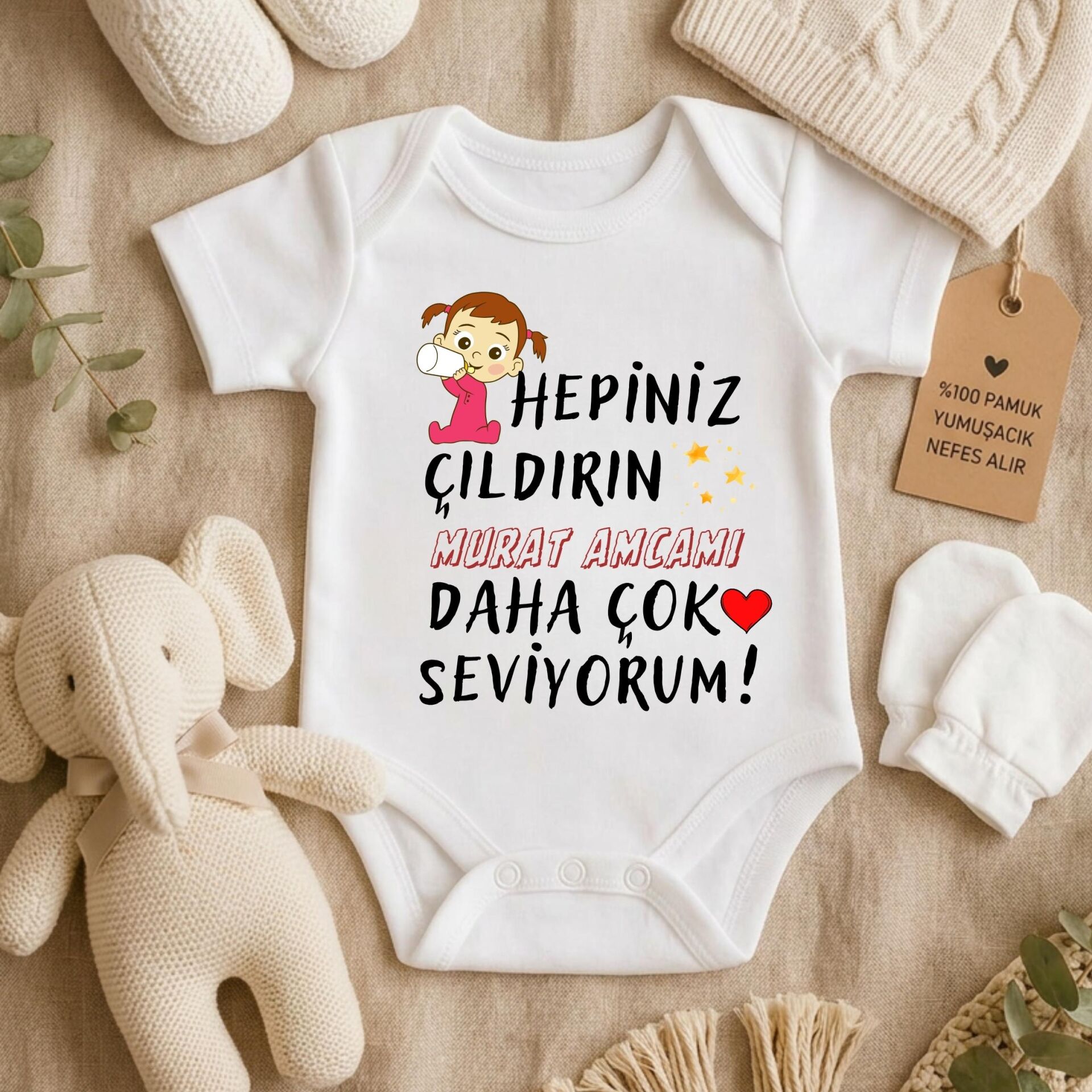 Kişiye Özel Bebek Zıbın - Hepiniz Çıldırın Amcamı Dayımı Daha Çok Seviyorum Tasarımlı %100 Pamuklu