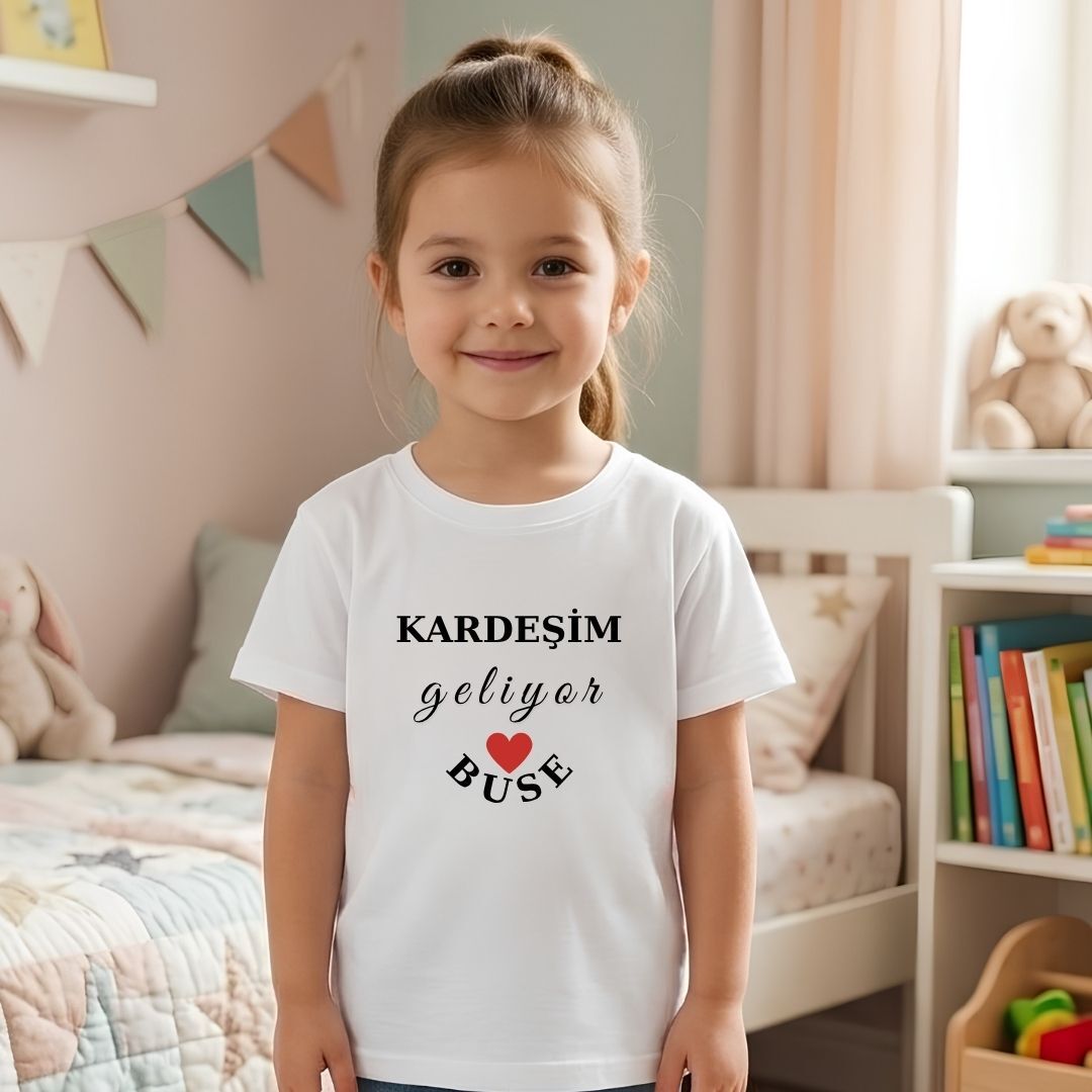 Kişiye Özel İsimli Çocuk Tişörtü – ''Kardeşim Geliyor'' Kırmızı Kalp Detaylı Hamilelik / Kardeş Duyurusu Pamuklu Çocuk Tişört