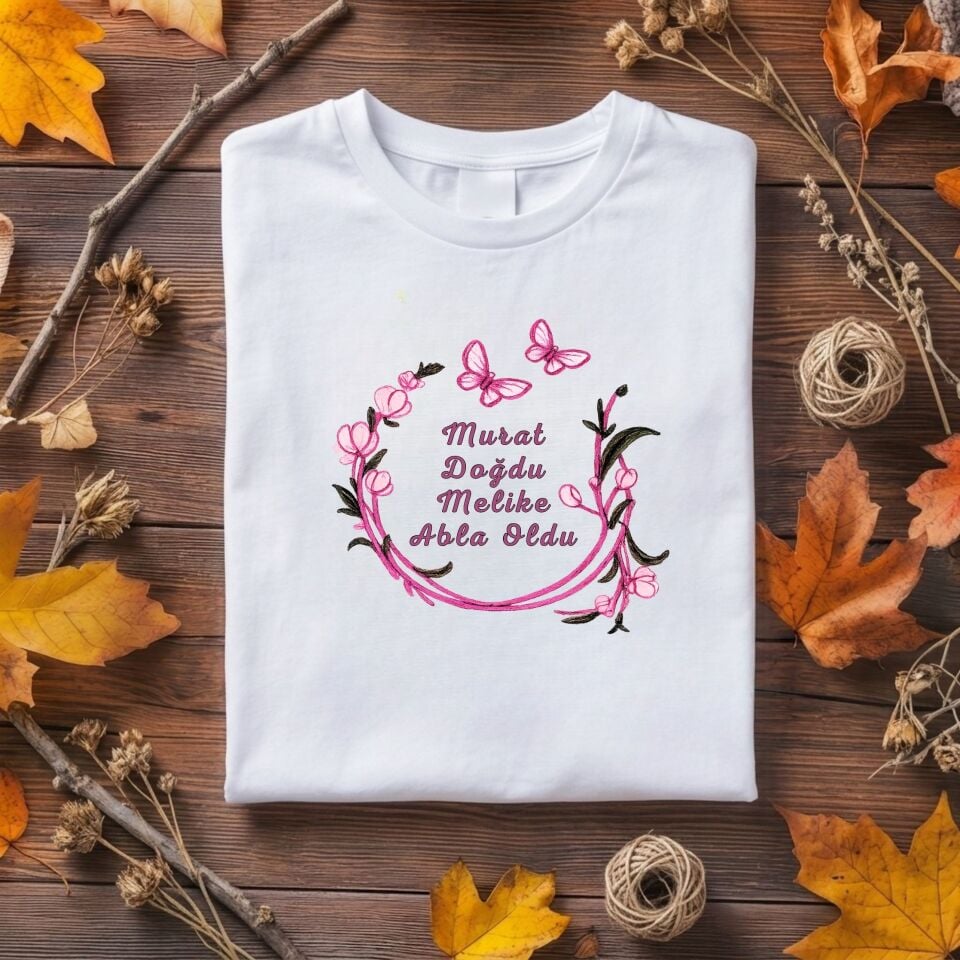 Kişiye Özel İsimli Çocuk Tişörtü – ''Abla Oldu'' Pembe Bahar Dalı Çelenkli Kardeş Doğum Duyurusu Pamuklu Çocuk Tişört