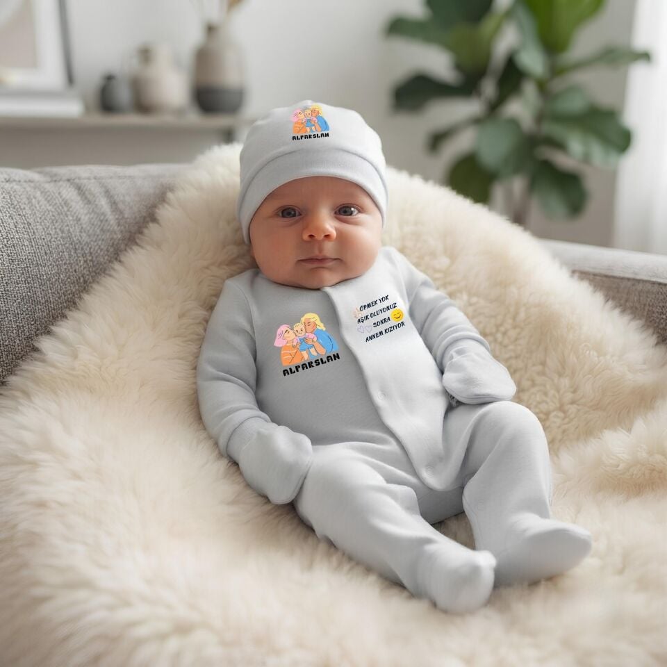 ''Öpmek Yok Aşık Oluyorsunuz'' Yazılı Kişiye Özel Bebek Tulumu