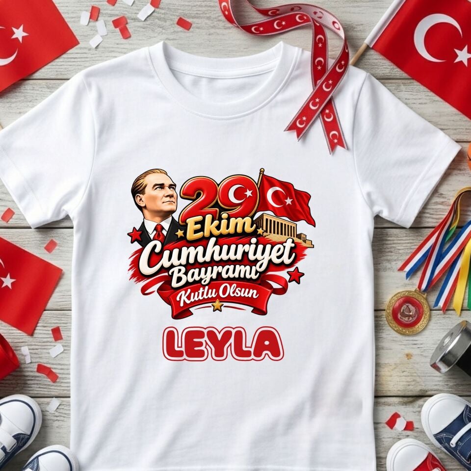 Kişiye Özel İsimli Çocuk Tişörtü – Atatürk ve Meclis Görselli 29 Ekim Cumhuriyet Bayramı Pamuklu Çocuk Tişört