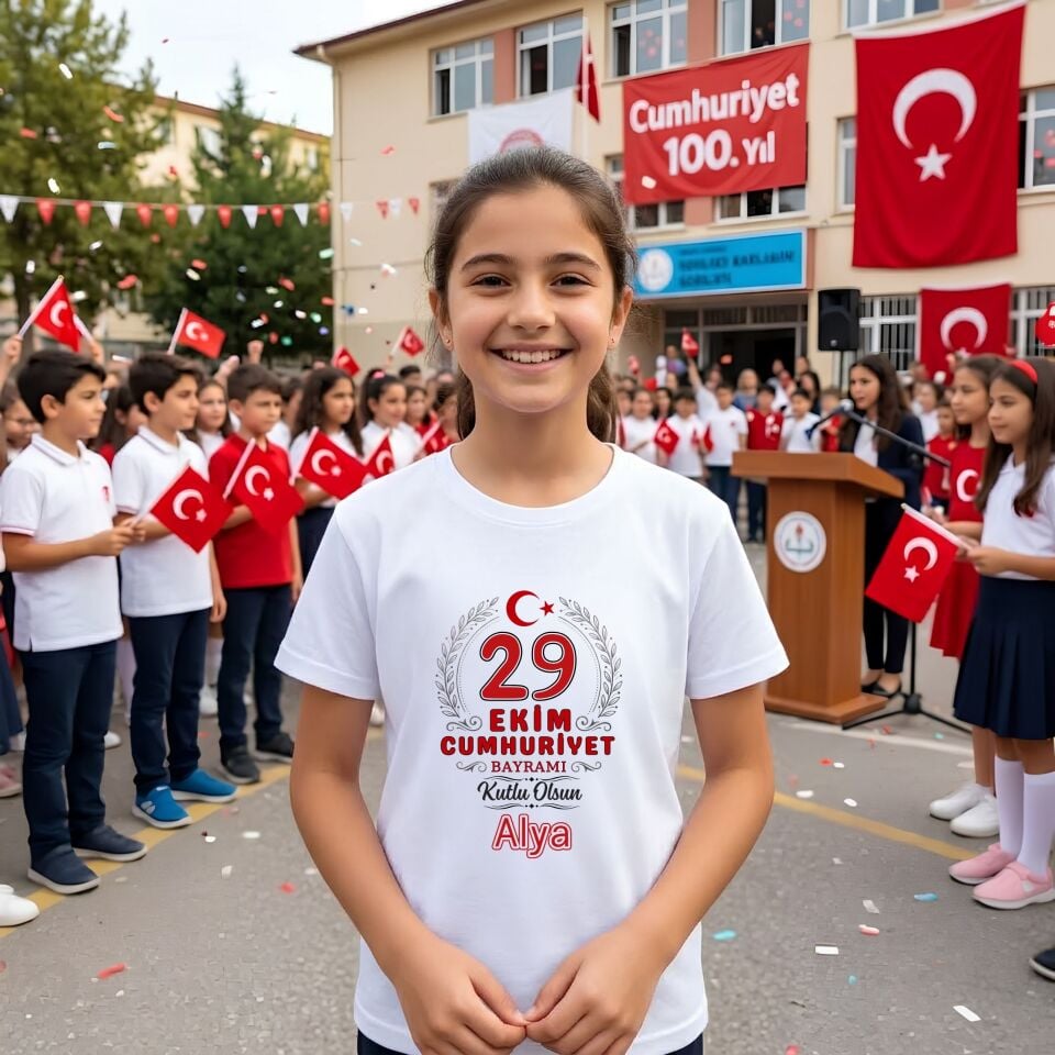 Kişiye Özel İsimli Çocuk Tişörtü – Defne Çelenkli & Ay-Yıldızlı 29 Ekim Cumhuriyet Bayramı Pamuklu Çocuk Tişört
