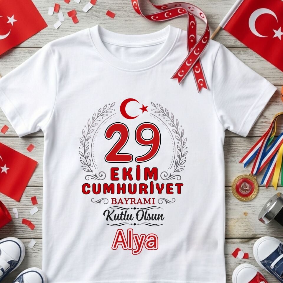 Kişiye Özel İsimli Çocuk Tişörtü – Defne Çelenkli & Ay-Yıldızlı 29 Ekim Cumhuriyet Bayramı Pamuklu Çocuk Tişört