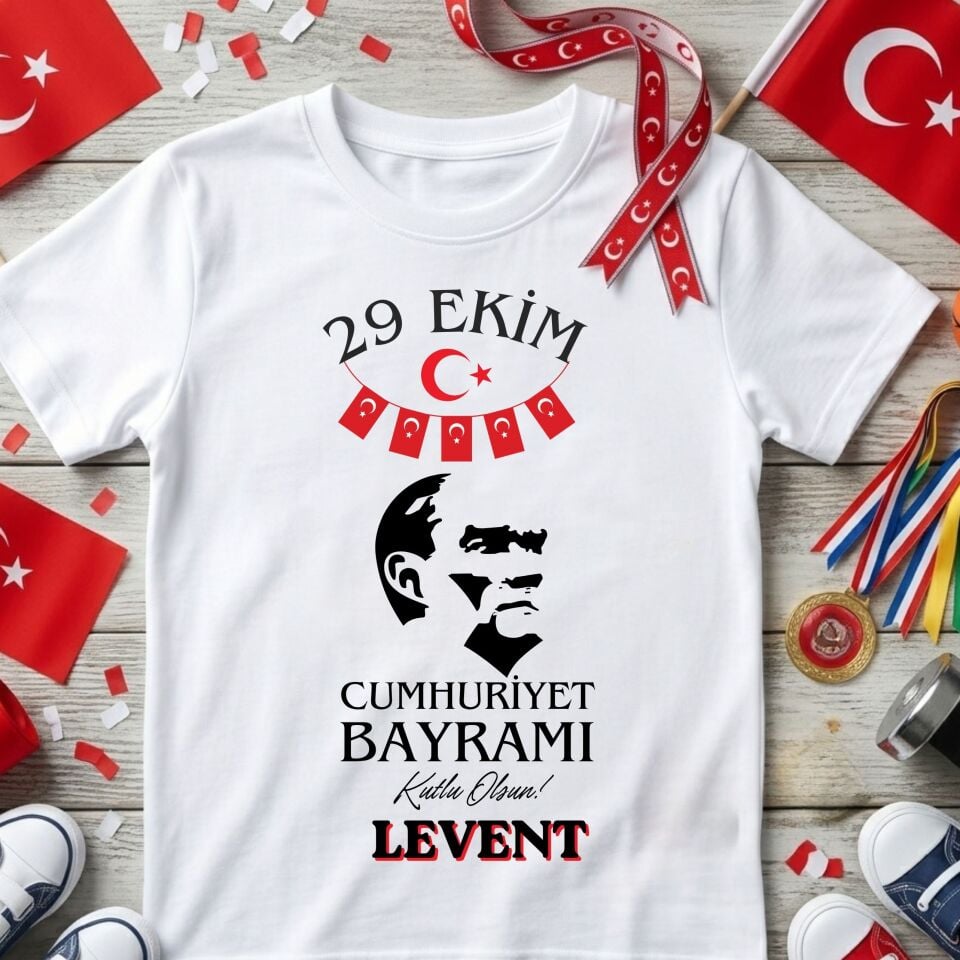Kişiye Özel İsimli Çocuk Tişörtü – Atatürk Siluetli ve İpli Bayrak Süslemeli 29 Ekim Cumhuriyet Bayramı Pamuklu Çocuk Tişört