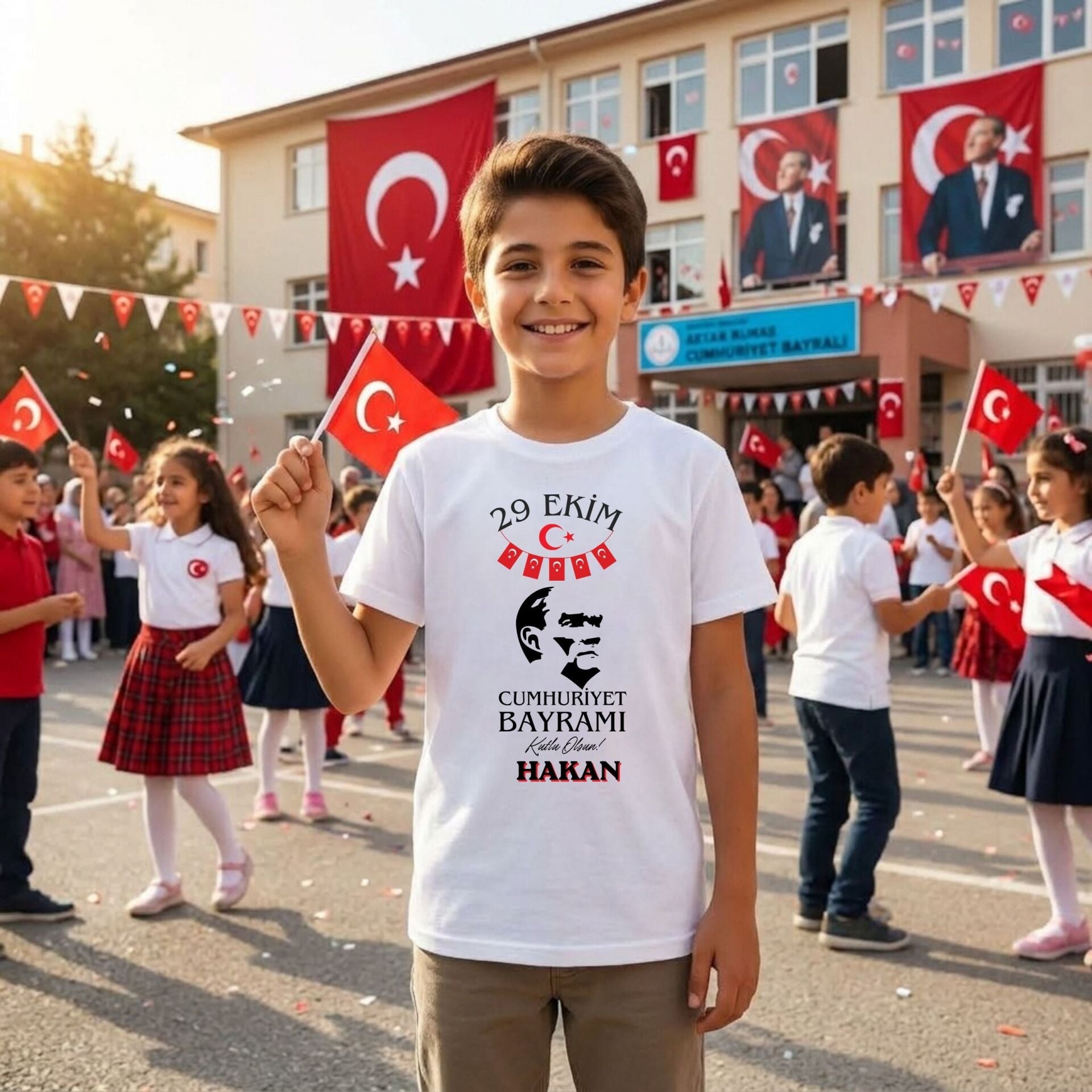 Kişiye Özel İsimli Çocuk Tişörtü – Atatürk Siluetli ve İpli Bayrak Süslemeli 29 Ekim Cumhuriyet Bayramı Pamuklu Çocuk Tişört