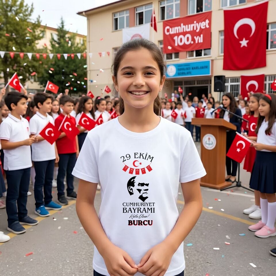 Kişiye Özel İsimli Çocuk Tişörtü – Atatürk Siluetli ve İpli Bayrak Süslemeli 29 Ekim Cumhuriyet Bayramı Pamuklu Çocuk Tişört