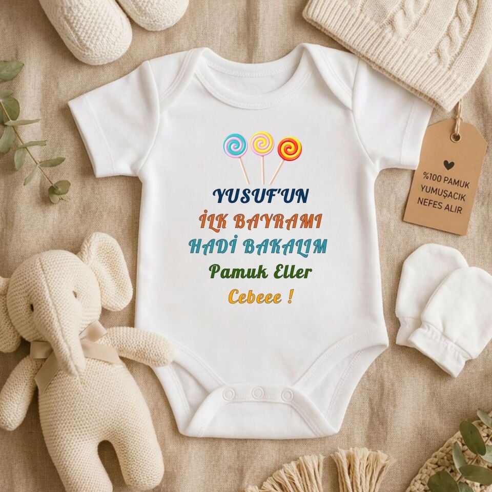 Kişiye Özel İsimli İlk Bayramım Bebek Zıbını - %100 Pamuk