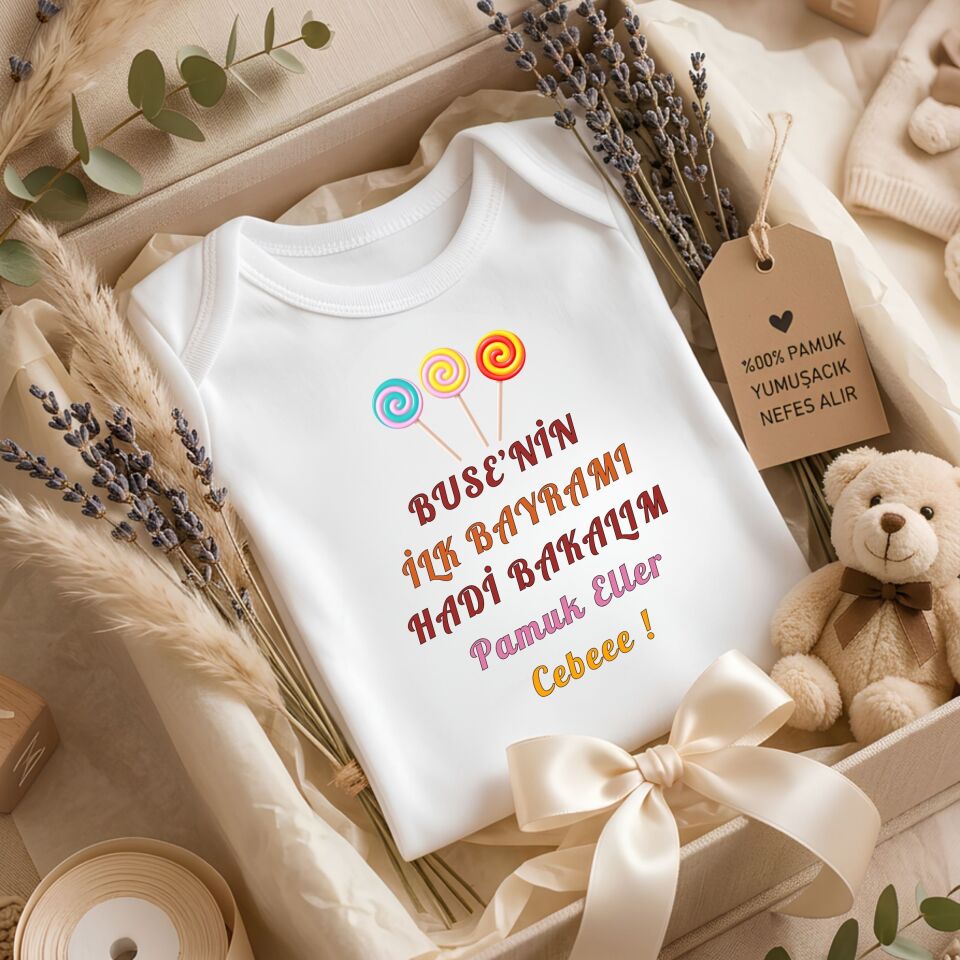 Kişiye Özel İsimli İlk Bayramım Bebek Zıbını - %100 Pamuk