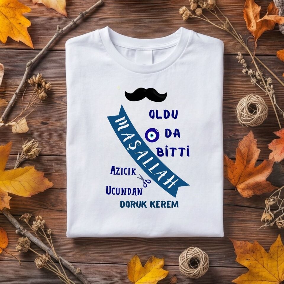 Kişiye Özel İsimli Sünnet Tişörtü – Oldu da Bitti Maşallah Azıcık Ucundan Bıyık Detaylı Pamuklu Çocuk Tişörtü